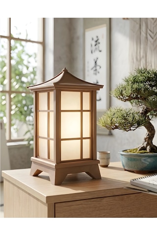 Modern Japon Feneri Masa Lambası - Bambu Led (MH001) - Dekoratif Abajur - Salon Yatak Odası - 3d Tasarım Kahverengi - Beyaz
