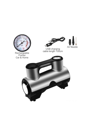 Wezone Usb Şarjlı Araba Lastik Pompa, Led Işıklı, 3 Fişli, Ev/araba Kullanıma Uygun, Göstergeli, Gri-siyah, St-211