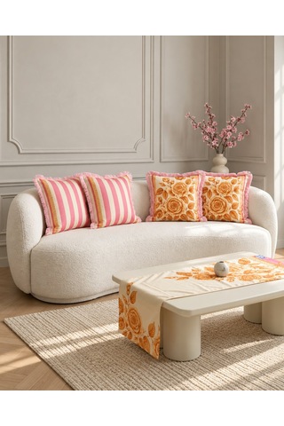 Vintage Gül Desenli Pembe Desenli Runner + 4 Lü Saçaklı Kırlent K 45 x 45