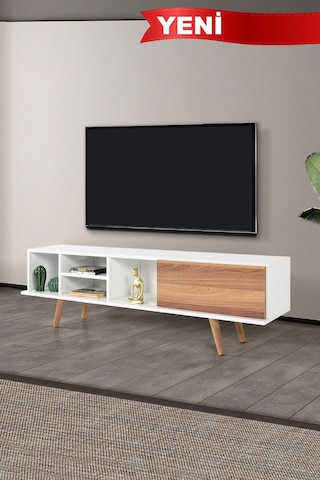 3630 Ela 160 Cm Ahşap Ayaklı Tv Ünitesi , Beyaz - Söğüt , Tv Sehpası , Salon , Oturma Odası Diğer