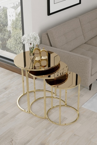 Faymend 3'lü Gold Zigon Sehpa Bronz Aynali Bronz Aynali