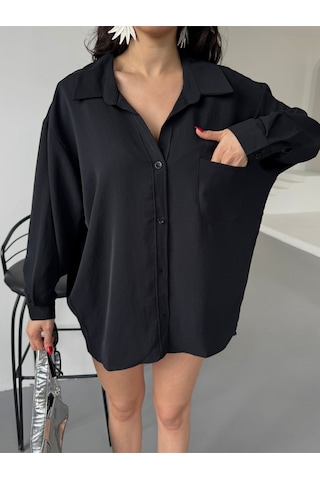 Paw Garage Kadın Perla Siyah Tek Cepli Oversize Gömlek, Geniş Kalıp Gömlek, Ayrobin Gömlek Siyah