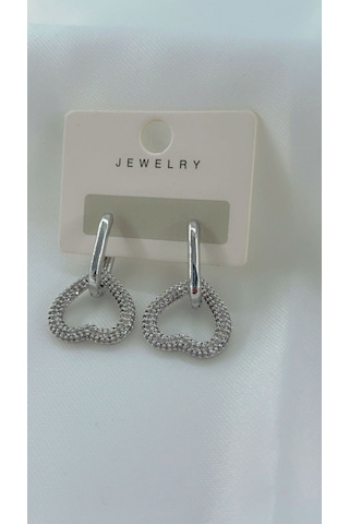 Kadın Zirkon Taşlı Tasarım Kalp Küpe Gümüş Renk Gümüş