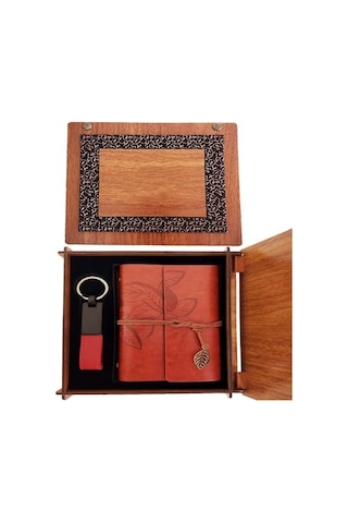 Askımo - Dekoratif Ahşap Kutulu Kahverengi Deri Defter Ve Anahtarlık Set