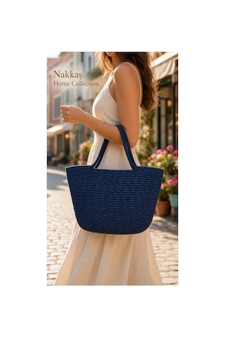 Nakkaş Home Collection Jüt Çanta Kadın Hasır Çanta, Plaj Çantası, Omuz Ve Günlük Kullanım Çantası-lacivert-45x30 Cm