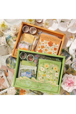 Vintage Çiçek Desenli A6 Günlük Ve Ajanda Hediye Seti - Estetik Scrapbooking Ve Günlük Süsleme Kit Kutusu 116 Parça Yeşil
