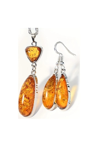 Tongdashop Vintage Kehribar Kolye Ve Küpe Seti Turuncu Doğal Taş Bohem Aksesuar