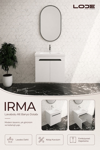Lode Bath Irma Serisi Lavabolu Alt Banyo Dolabı, Kapaklı Banyo Alt Dolabı,seramik Lavabo Dahil 60 Cm Matbeyaz