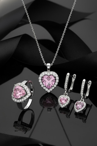 925 Ayar Pembe Taşlı Rodyum Pırlanta Işıltılı Kalp 3'lü Gümüş Set-takım Ayarlanabilir Rs10052 Gümüş