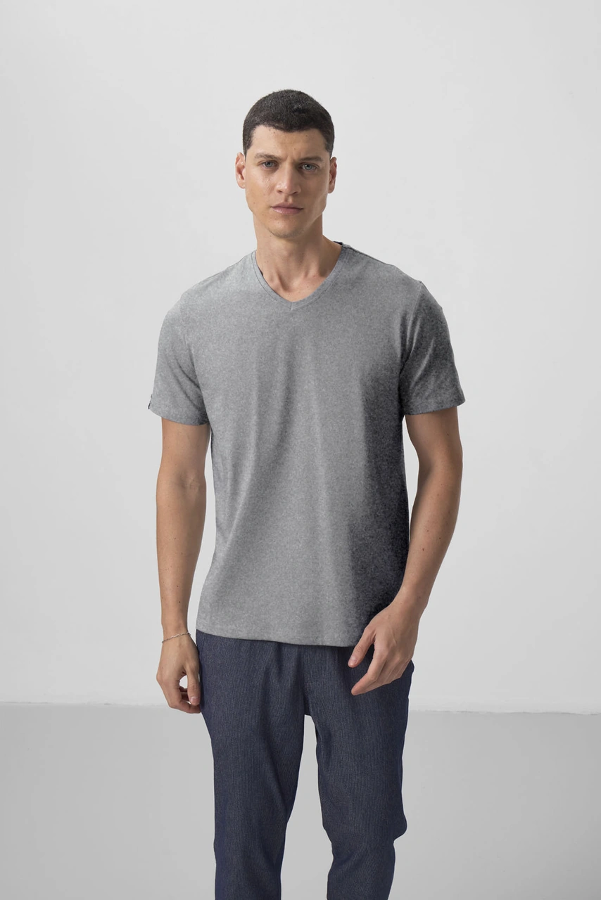 Gri Melanj Basic Kısa Kol Standart Kalıp V Yaka Erkek T-shirt - 87912 Gri Melanj