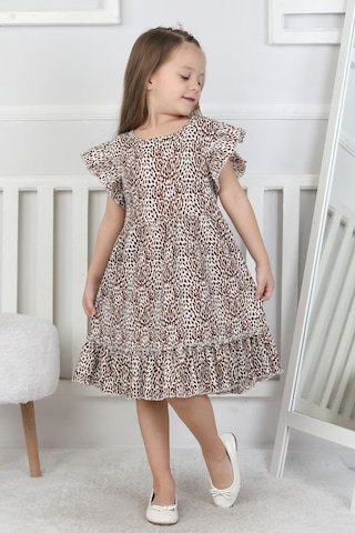 New Kids Leopar Desenli Kız Çocuk Elbise-90721 Kahverengi