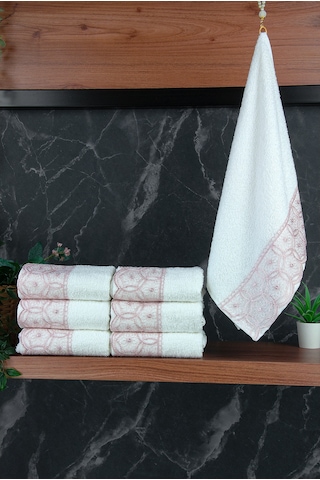 Dantelli Güpürlü Lüks %100 Pamuk Çeyizlik 6 Lı El Yüz Havlu Seti 40x70 - Pembe - 4400 Pembe