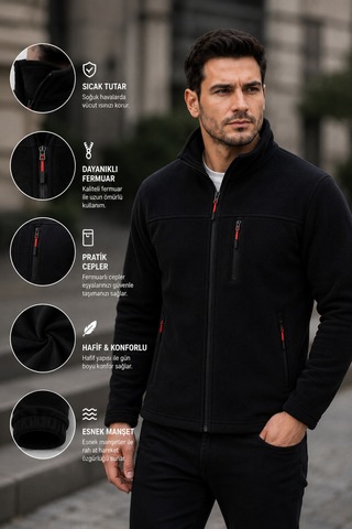 Luxıc Core Erkek Siyah Fermuarlı Polar Ceket Dik Yaka Günlük Ve Outdoor Kullanım