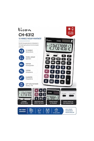 Hesap Makinesi Gri 13x18.5cm 1 Adet Ticon Ch-6312 12 Haneli Hafızalı Orta Boy Ofis Büro Masaüstü Hesap Makinası