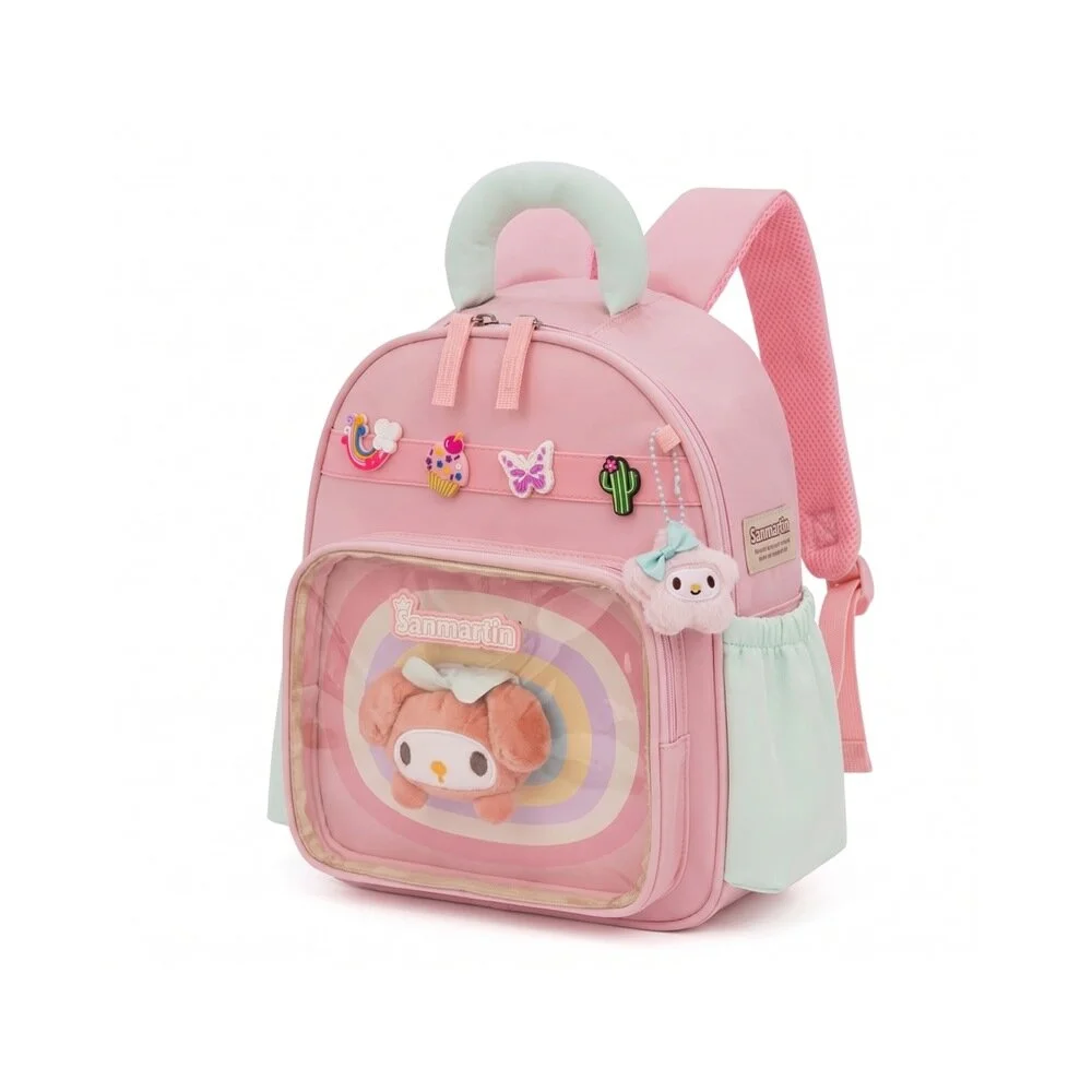 Peluşlu Ve Karışık Figürlü Rozetli Kız 3-7 Yaş Çocuk Sırt Çantası Anaokulu Kreş Çantası Pembe