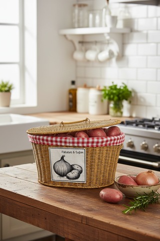 Akayev Rattan Patates Soğan Bölmeli Sepeti 28x39x21 Cm Kahverengi