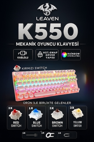 K550 Red Switch Mekanik Oyuncu Klavyesi-hot-swap-rainbow Rgb-3 Adet Yedek Switch