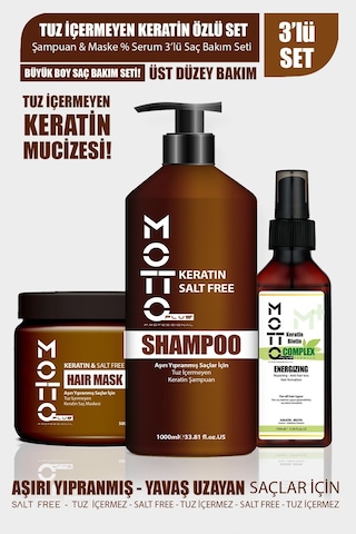 Motto Plus Professional Yavaş Uzayan-aşırı Yıpranmış Saçlar İçin Tuzsuz Keratinli 3'lü Saç Bakım Seti Şampuan-maske-serum