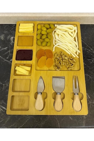 Bambu Peynir Sunum Ve Kahvaltı Tahtası 4 Lü Set 3 Bıçak + Bölmeli Servis Bambu
