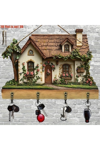 Elmpaly A 2d Düz Fonksiyonel Ahşap Anahtarlık 4 Metal Kancalı Duvar Dekoru Koridor Oda Köşk Dört Mevsim