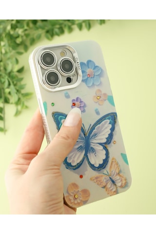 Apple Uyumlu iPhone 15 Pro Lens Korumalı Simli Kelebekli Çiçekli Kılıf