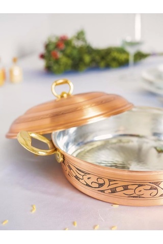 Bakır Pilav Tenceresi Oyma Nakış İşleme Mat Bakır Renk 23 Cm