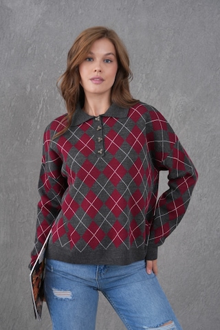 Kadın Polo Yaka Yarım Pat Düğme Detay Desenli Oversize Triko Kazak Antrasit