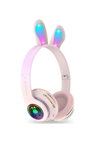 Tavşan Kulaklı Bluetooth Kulaklık, Renkli Led Işıklı, 5.0 Versiyon, Ayarlanabilir Büyüklük, Hafıza Kart Girişli, 40mm Kulaklık, 6 Saat Kullanım Süresi, Bass Tiz Müthiş Ses Toz Pembe