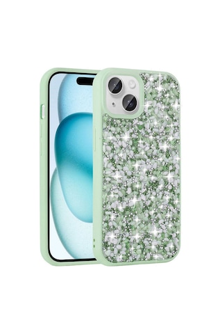 Apple Uyumlu iPhone 15 Plus Kılıf Parlak Taşlı Tasarım Zore Linea Kapak Light Green