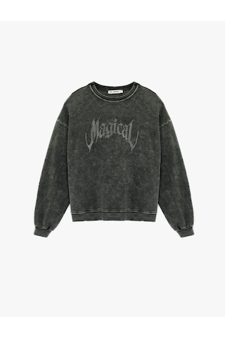 Koton Yıkamalı Bisiklet Yaka Oversize Taşlı Sweatshirt Antrasit 6wal10703ık Antrasit
