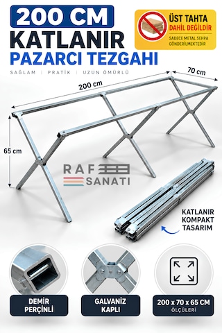 200 Cm Pazarcı Tezgahı Kampet Katlanır Portatif Galvaniz Tezgah, Seyyar Satış Ve Fuar Standı Tahta Hariç Açık Gri