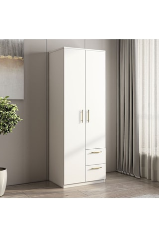 Merlin 2 Kapaklı, Çekmeceli Gardırop, Yatak Odası Dolap, Elbise Dolabı İstanbul Ceviz - 172 Cm / Beyaz