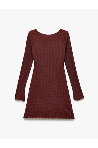Koton Koton X İnji - Bisiklet Yaka Uzun Kollu Sırt Detaylı Slim Fit Mini Elbise Bordo 5sal80104ık Bordo