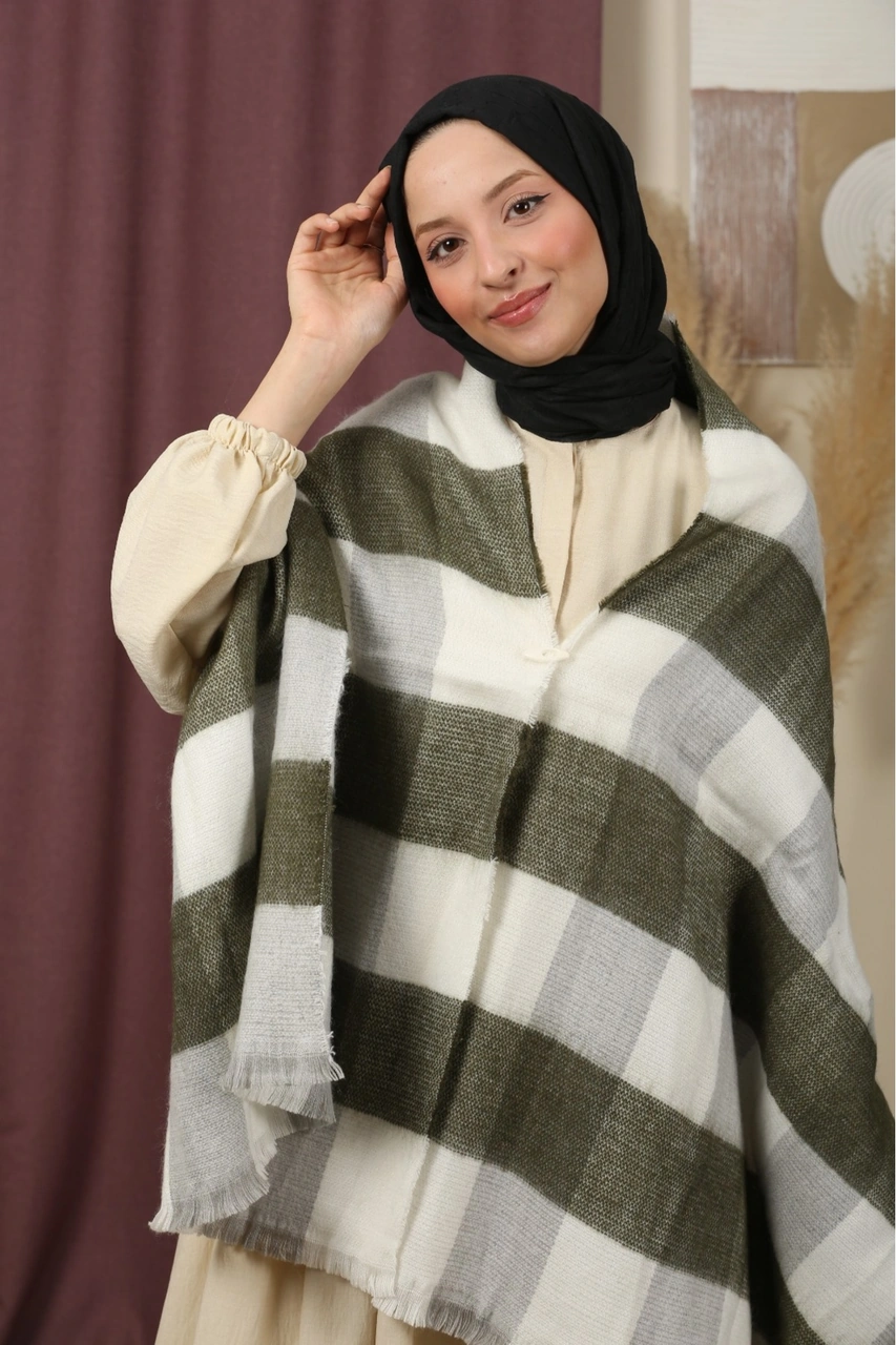 Çift Taraflı Çizgili Kışlık Omuz Şalı Yeşil - Beyaz