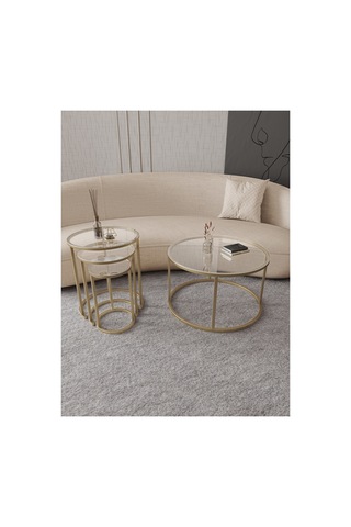 Royal 75cm Zigon Ve Orta Sehpa Seti Mat Gold Eskitme Metal - Temperli Şeffaf Cam Gold Şeffaf