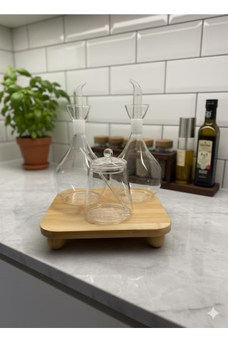 Morponi 3'lü Cam Yağlık Ve Tuzluk Seti Bambu Altlıklı Şık Sunum Tombul Düz Cam Yağdanlık Set Beyaz