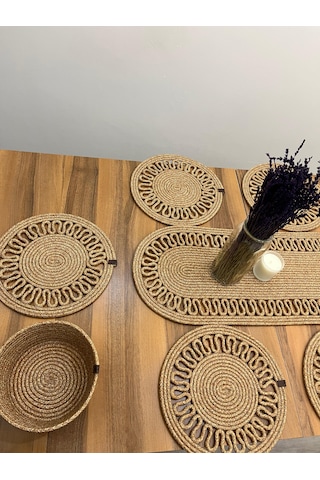 Senza Atelier 7 Parça Jüt Supla Ve Runner Seti - El Örmesi Hasır Yemek Masası Takımı Jüt Hasır