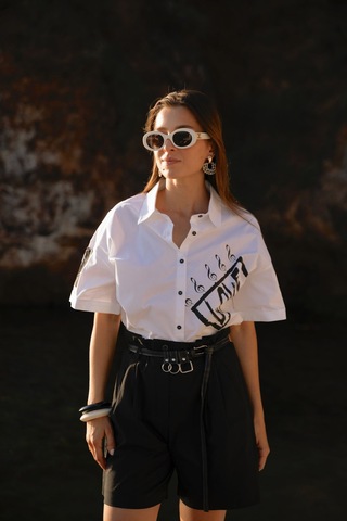 Kadın Kısa Kollu Baskı Detaylı Gömlek Frn6005 Beyaz