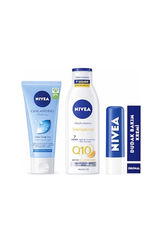 Q10 250 Ml Sıkılaştırıcı Vücut Losyonu + Yüz Peelingi 150 + Dudak Bakım Kremi 4,8 Gr Üçlü Set