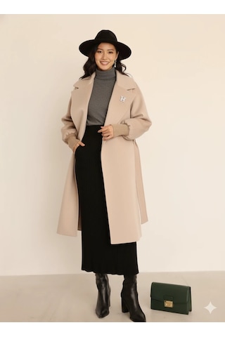 Kadın Siyah Kaşe Uzun Kaban Maksi Boy Palto Geniş Yakalı Düz Kesim Kışlık Bej