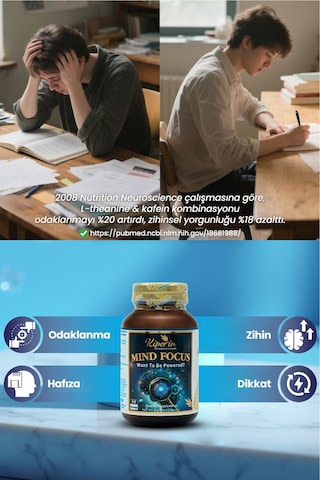 Kiperin Mind Focus Aslan Yelesi Mantarı, Sitikolin, Rhodiola, L-theanin .. 1440mg Akıllı Gıda Takviyesi