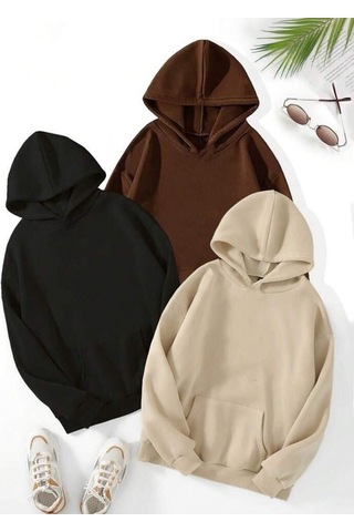 3' Lü Düz Baskısız 2 Iplik Şardonlu Kapüşonlu Sweatshirt Kalın Oversize Unisex Siyah