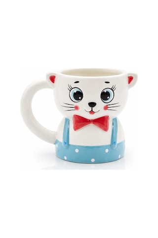 Papyonlu Kedi Figürlü El Yapımı Kupa - Mug, 450 Ml Beyaz