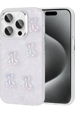 Apple Uyumlu iPhone 15 Pro Max Kılıf Kabartma Figürlü Parlak Zore Eralli Silikon Kapak Ayı