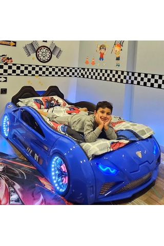 Lambo - Kapıları Açılır Arabalı Yatak - Koltuklu, Mavi Tek Kişilik