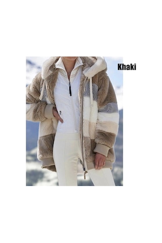 Kış Kadın Moda Kapşonlu Sıcak Gevşek Ceket Kadınlar İçin Patchwork Giyim Fermuar Bayanlar Artı Boyutu Kazak Haki