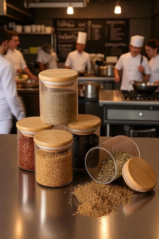 6'lı Borosilikat Cam Baharatlık Seti - Sızdırmaz Silikonlu Bambu Kapak - 70 X100-300 Ml X6 Beyaz