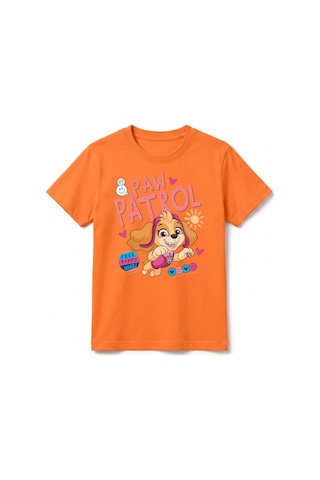 Urbantrendstore Paw Patrol Özel Tasarım Unisex Kız Çocuk Erkek Çocuk Bisiklet Yuvarlak Yaka Basic Kısa Kollu %100 Pamuk Tişört Turuncu