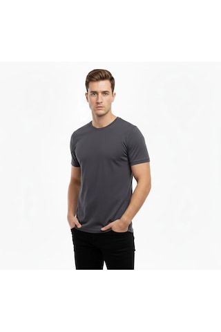 Novalisse Erkek Bisiklet Yaka Slim Fit Dar Kesim Likralı Tişört - Füme Çoklu Renk