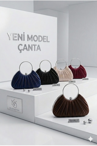 Famels Gümüş Saten Yeni Model Pliseli Abiye Çanta Kol/el Çantası İnci Taşlı Abiye Şık Çanta Gümüş Kasa Gri Saten